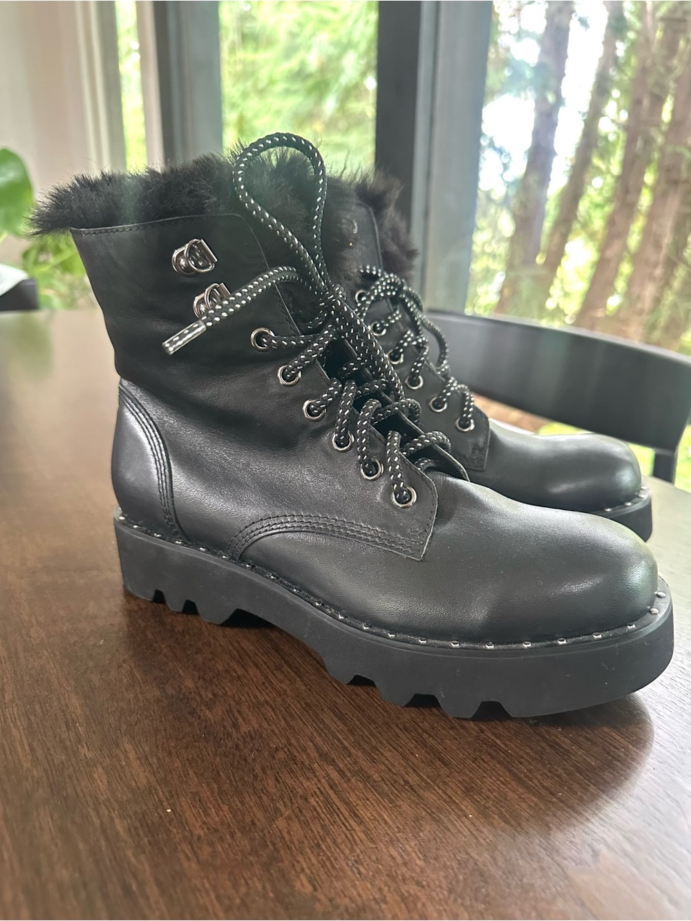 Anthropologie Bibilou black lug sole lace up ankle combat boots studs 7 NWOT